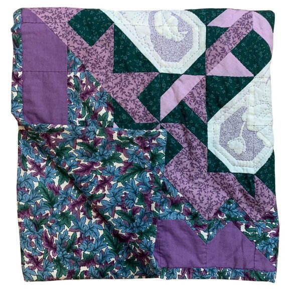 Handmade Flowers Hearts Patchwork Purple Tapestry Wall Decor Hanging 33" EUC - Picture 2 of 3